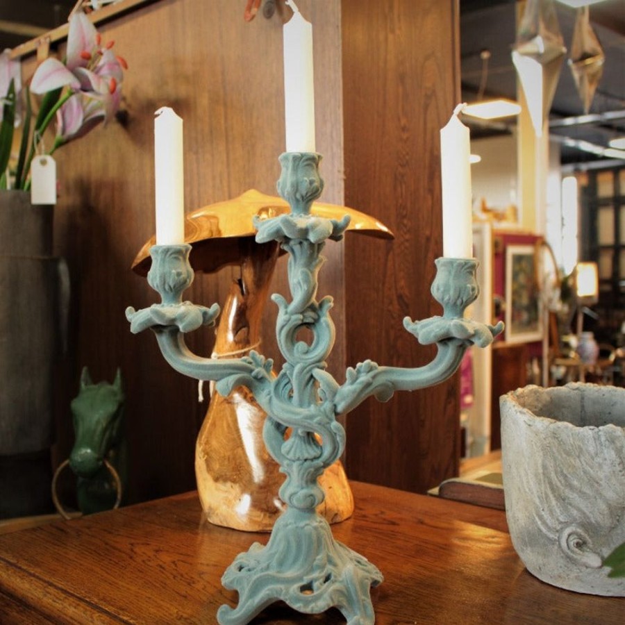 Home Decor Signature Collection | Grey/Blue Flock Ornate Candelabra