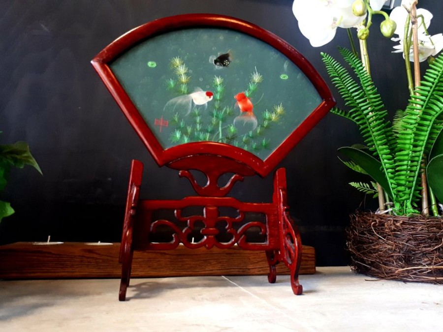 Antiques & Vintage AHU | Vintage Chinese Wooden Hand Embroidered Table Screen