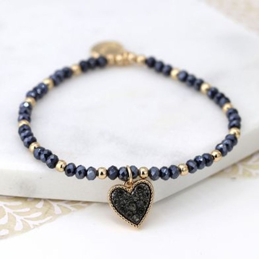 Fashion & Accessories JassBerry | Beaded Bracelet With Heart Charm - Black And Gold