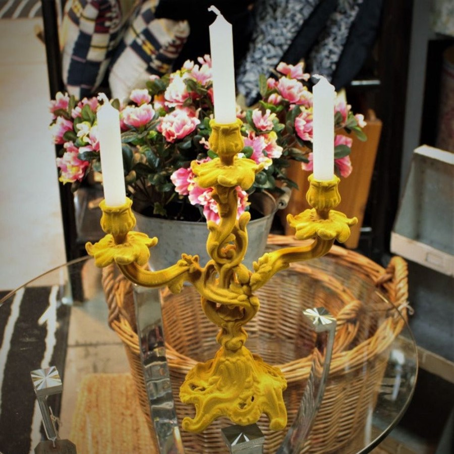 Home Decor Hurst House Trading | Mustard Yellow Flock Candelabra