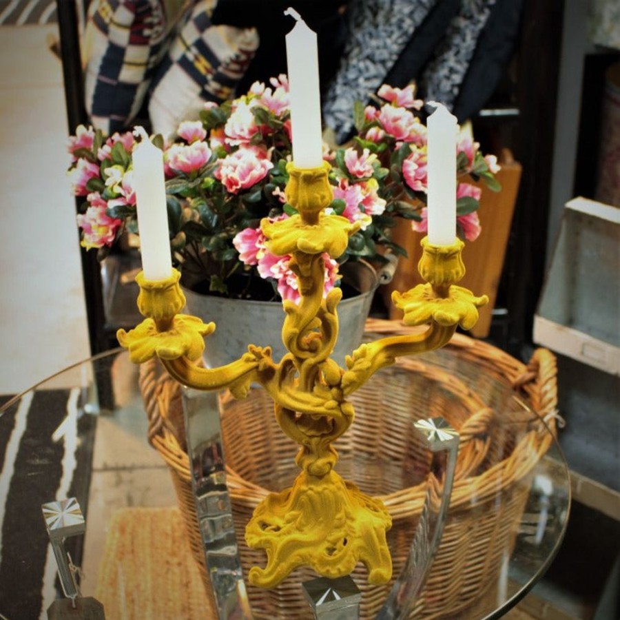 Giftware Hurst House Trading | Mustard Yellow Flock Candelabra