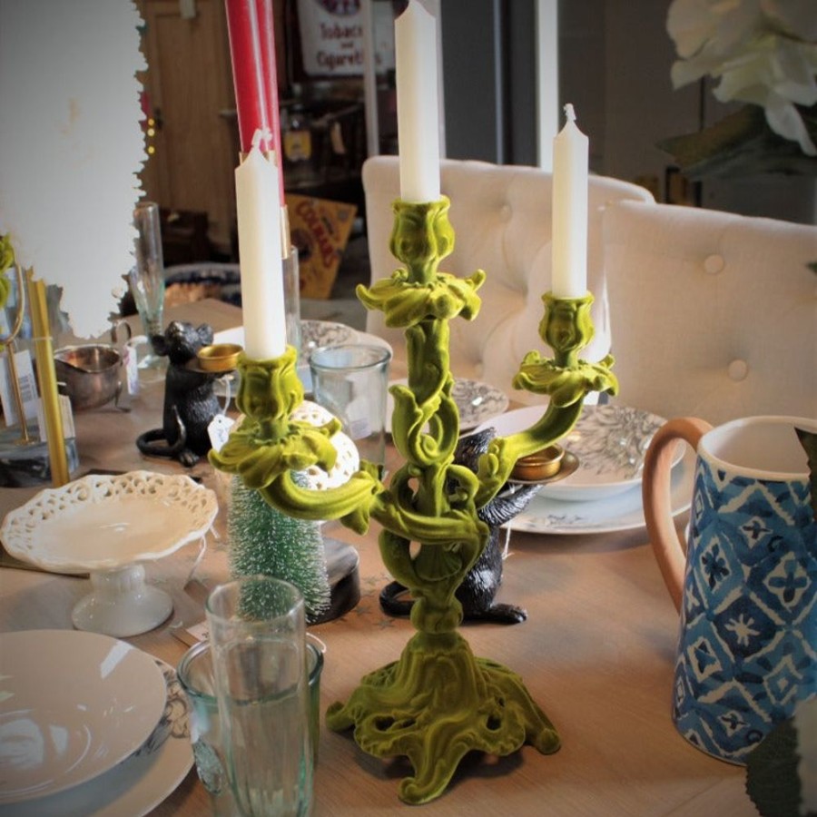 Home Decor Signature Collection | Green Flock Ornate Candelabra