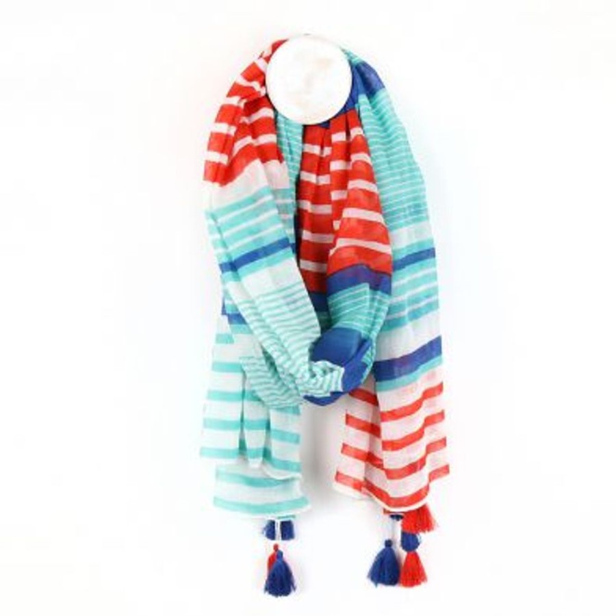 Fashion & Accessories JassBerry | Cotton Striped Scarf - Aqua/Blue/Red