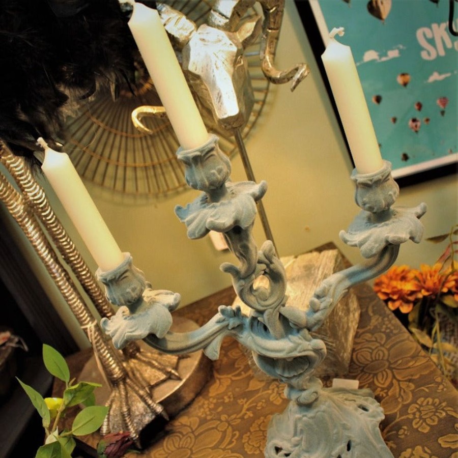 Christmas Signature Collection | Grey/Blue Flock Ornate Candelabra