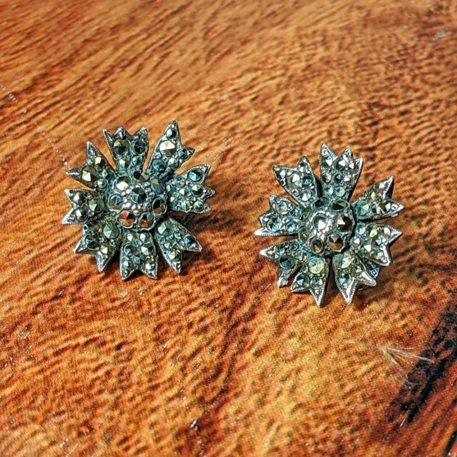 Fashion & Accessories Fat Fingers | Marcasite Flower Clip-On Earrings