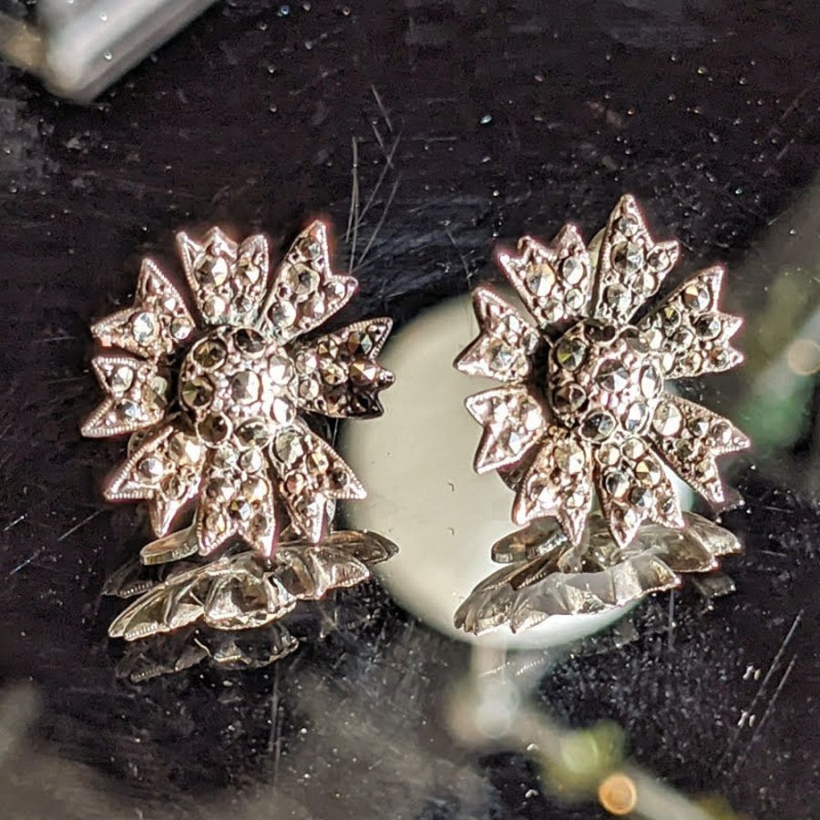 Fashion & Accessories Fat Fingers | Marcasite Flower Clip-On Earrings